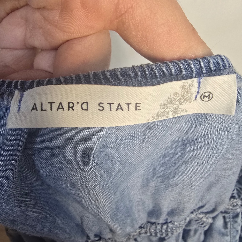 Altar'd State Chambray Tiered Dress Womens Medium Blue Lyocell Boho Ruffle Mini - Picture 4 of 5